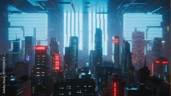 Obraz Futuristic cityscape at night with neon-lit skyscrapers and glowing vertical structures