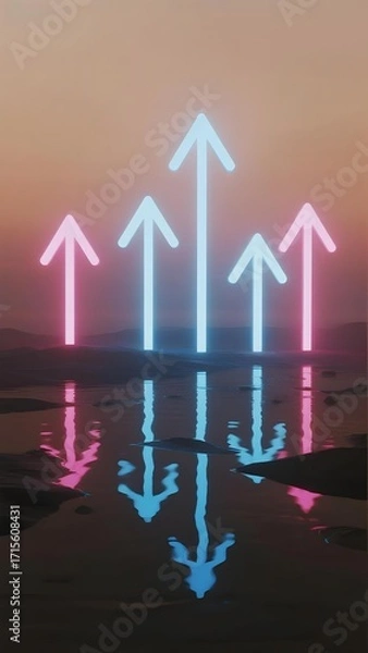 Obraz Neon arrows glowing in the sky reflected in water at dusk