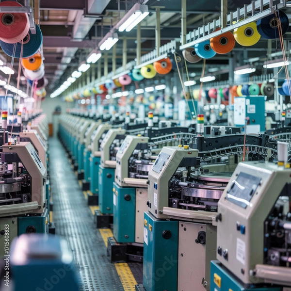 Fototapeta A textile factory with rows of automated knitting machines, highlighting the efficiency of modern manufacturing textile