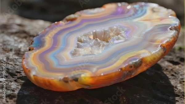 Obraz Polished agate slice with vibrant concentric bands and central cavity, displayed on a rocky surface