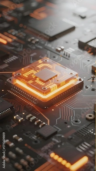 Obraz Close-up of illuminated microprocessor on circuit board with glowing orange pathways