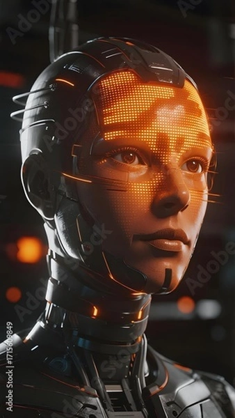 Obraz Close-up of a humanoid robot with illuminated facial display in a dark, high-tech environment