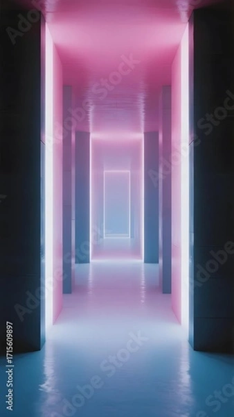 Obraz Neon-lit futuristic corridor with glowing pink and blue lights creating a symmetrical tunnel effect