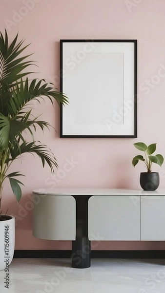 Obraz Minimalist interior with pink wall, modern console table, potted plants, and framed artwork