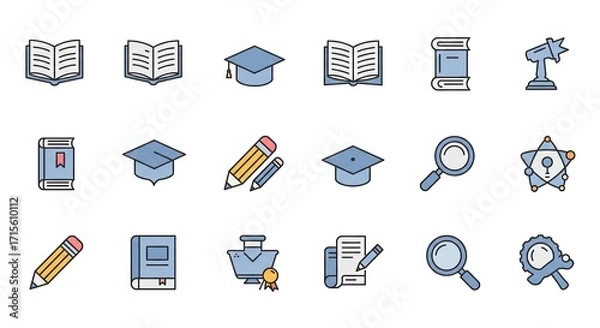 Fototapeta Unlock knowledge with these vibrant icons featuring books, graduation caps, pencils, magnifying glasses, and a telescope symbolizing learning and discovery.