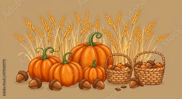 Fototapeta Capture the vibrant spirit of autumn harvest with plump pumpkins, bountiful acorns in woven baskets, and golden wheat stalks creating a warm, inviting scene