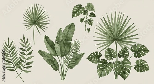 Fototapeta Vibrant watercolor collection of tropical palm leaves and monstera creating a lush botanical jungle aesthetic, perfect for naturalistic designs.