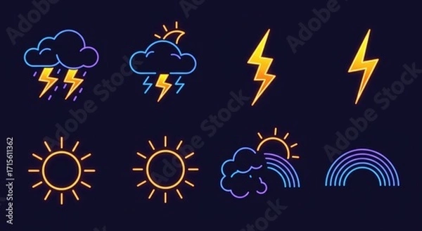 Fototapeta Dynamic neon weather icons capturing storms, sunshine, and rainbows create vibrant, modern forecast visuals with striking electric energy
