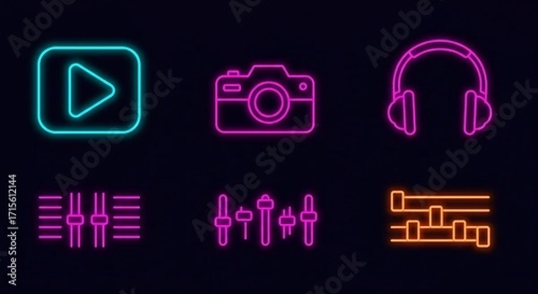 Fototapeta Vibrant neon icons for digital media creation and editing, perfect for tech, music, and creative professionals seeking modern visual elements.