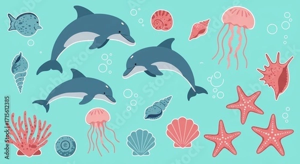 Fototapeta Playful dolphins swim with vibrant starfish, jellyfish, seashells, and coral in a whimsical underwater marine scene