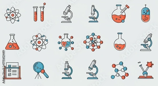 Fototapeta Vibrant science icons showcase atom models, microscopes, test tubes, and molecular structures for innovative research and discovery projects