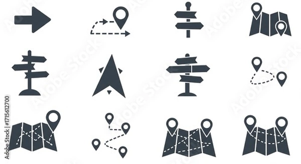 Fototapeta Dynamic navigation icons and map pointers guiding your journey, offering clear direction and route planning for modern travel and business strategy.