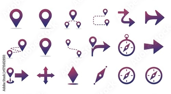 Fototapeta Dynamic navigation icons including modern map pins, directional arrows, and compasses, perfect for travel and location-based apps or presentations.