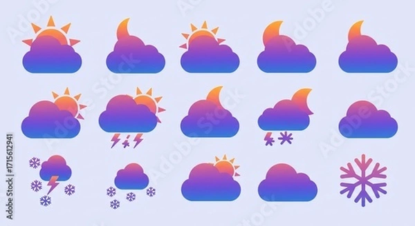 Fototapeta Vibrant gradient weather icons depicting sun, moon, clouds, lightning, and snowflakes for dynamic forecasting and climate apps