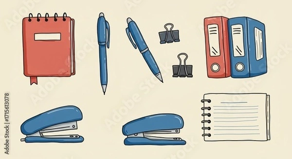 Fototapeta Charming collection of essential office supplies including notebooks, pens, binders, staplers, and clips, perfect for creative projects and organizational themes