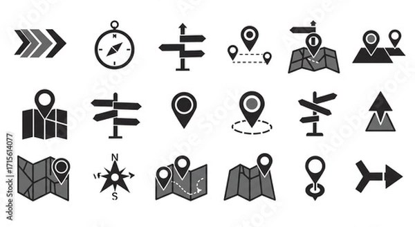 Fototapeta Navigate your journey with stylish map icons, compass, and direction signs perfect for travel apps, navigation services, and adventure branding