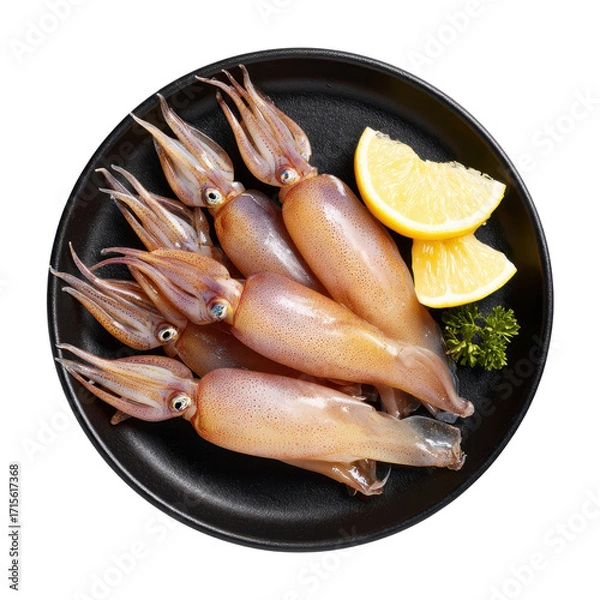 Fototapeta Fresh Squids on Black Plate with Lemon Slices and Green Garnish