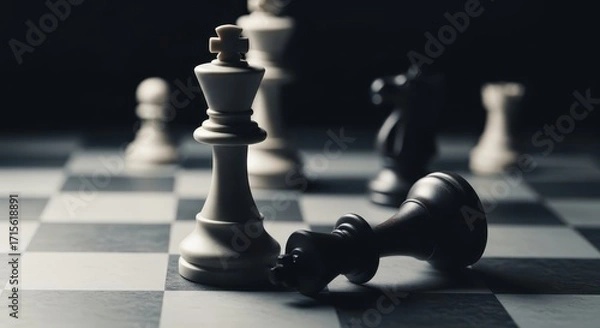 Fototapeta Chess game with fallen king, depicting defeat, strategy, and competition