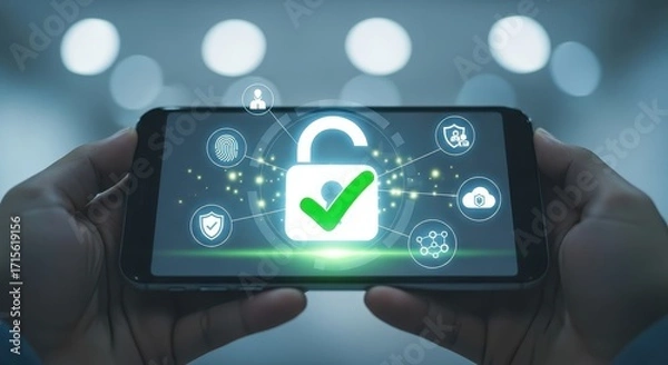Fototapeta Hands holding smartphone with security lock and checkmark for cybersecurity