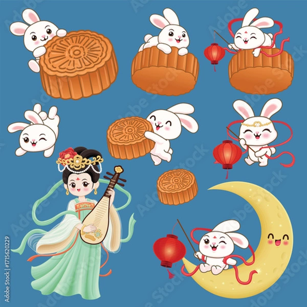 Fototapeta Vintage Mid Autumn Festival poster design with the rabbit, Chinese Goddess of Moon character. Translation: Mid Autumn Festival, Fifteen of August.