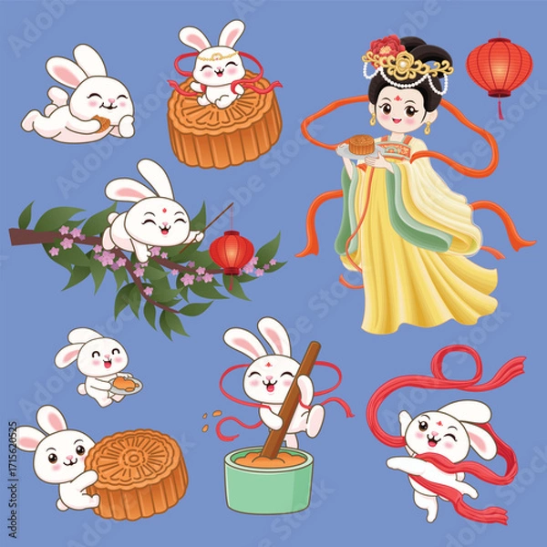 Fototapeta Vintage Mid Autumn Festival poster design with the rabbit, Chinese Goddess of Moon character. Translation: Mid Autumn Festival, Fifteen of August.