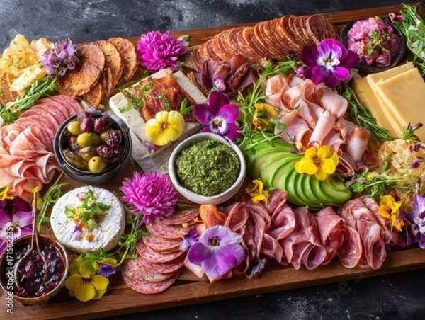 Fototapeta An abundant charcuterie board featu cured meats, cheeses, fruits, spreads, and vibrant edible flowers creates a visually appealing gourmet spread.