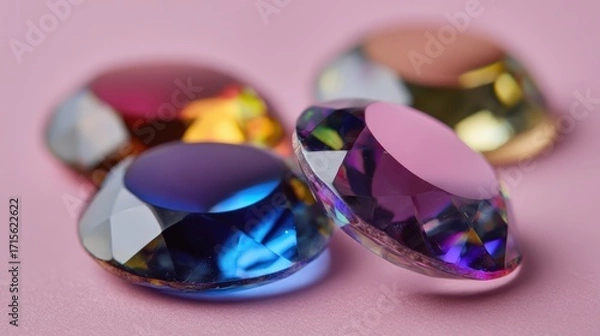 Fototapeta Four iridescent faceted gems sparkle on a soft pink surface with colorful reflections, highlighting their facets and vibrant rainbow hues.