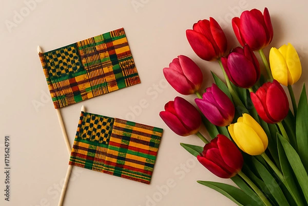 Fototapeta Two kente cloth flags and a bouquet of colorful tulips