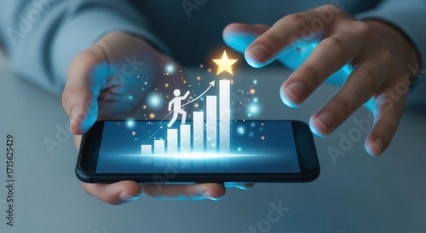 Fototapeta Hands holding mobile phone with growth chart and success concept on screen