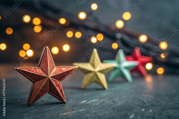 Fototapeta Four colorful star ornaments with bokeh lights in the background