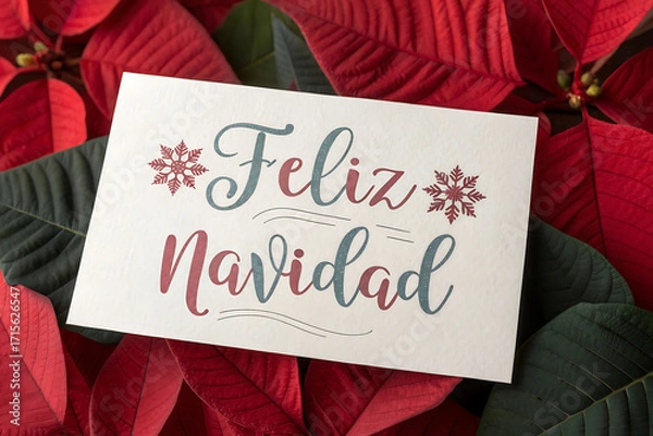 Fototapeta Feliz navidad greeting card with festive snowflakes on a poinsettia background