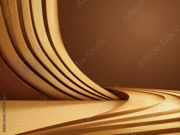 Fototapeta Elegant wooden curve design with a smooth texture against a rich brown backdrop creates a warm and inviting artistic studio environment.