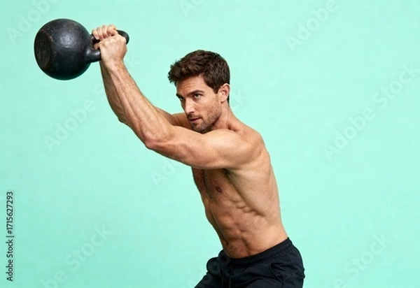 Fototapeta Strong handsome man at the peak of a kettlebell swing exercise in a fitness studio