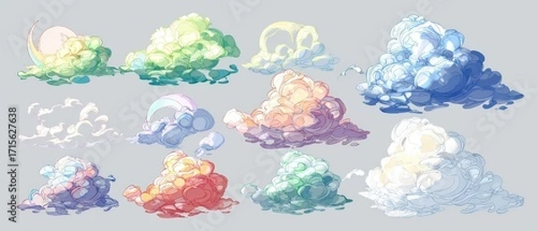 Fototapeta An assortment of nine fluffy clouds each illuminated with a different vibrant color palette creating a dreamlike whical illustration.
