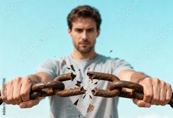 Fototapeta Man showing immense strength and willpower while overcoming adversity by breaking a rusty chain