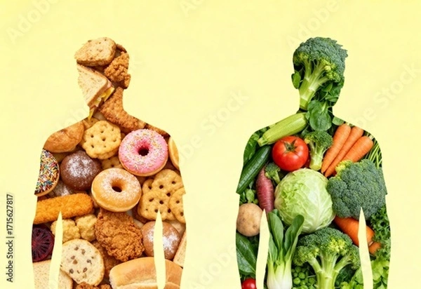Fototapeta Comparison of a healthy body with vegetables and an unhealthy body silhouette with junk food