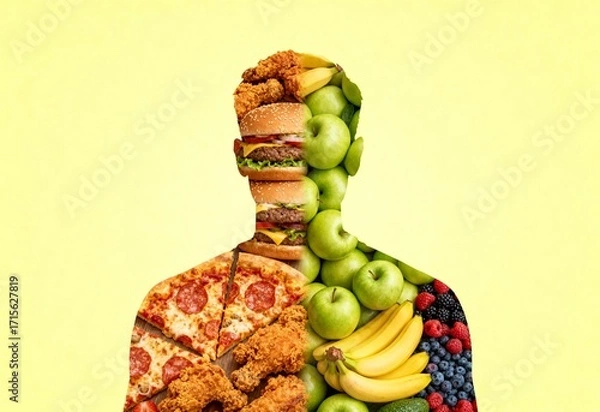 Fototapeta Concept of diet transformation with a man's silhouette half full of healthy and unhealthy food
