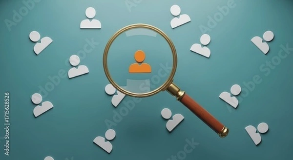 Fototapeta Magnifying glass focusing on an individual, symbolizing recruitment and job search