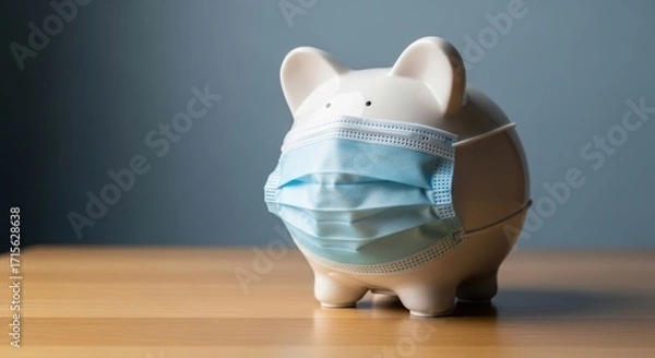 Obraz Piggy bank wearing a surgical mask to illustrate the financial impact of covid19
