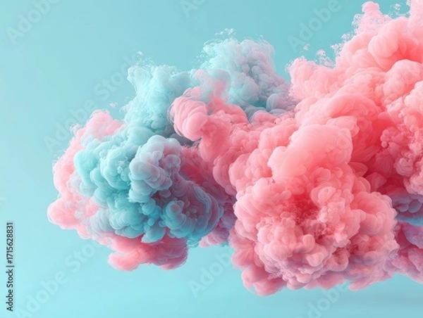 Fototapeta An abstract explosion of pastel pink and light blue smoke creates a mesmerizing and ethereal visual effect against a pale cyan background.
