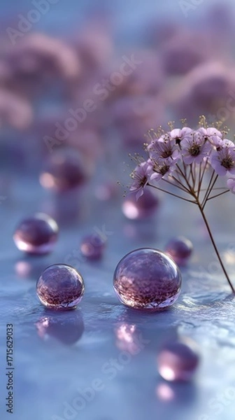 Fototapeta Delicate purple flowers and glass spheres rest on a reflective surface creating a surreal, calming, and aesthetically pleasing abstract still life.