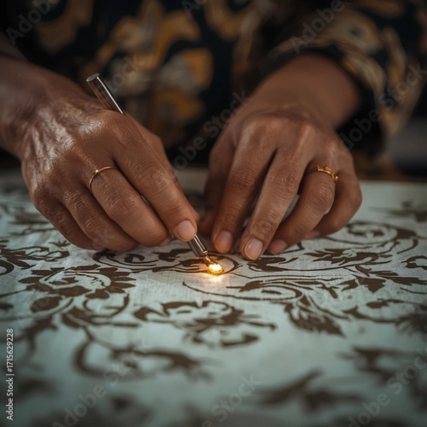 Fototapeta Close-Up of Indonesian Batik Making Process with Canting – Traditional Textile Art Cinematic HD