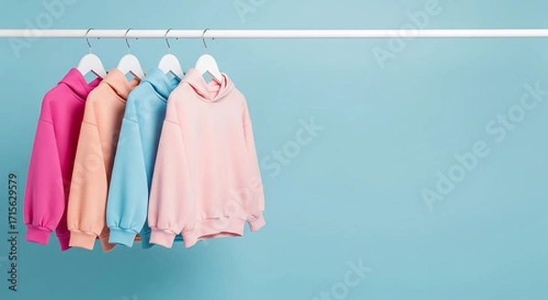 Obraz Row of colorful hoodies hanging on a rack