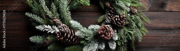 Fototapeta A rustic Christmas wreath made with evergreen branches and pinecones sits on a dark brown wooden background adding festive charm.