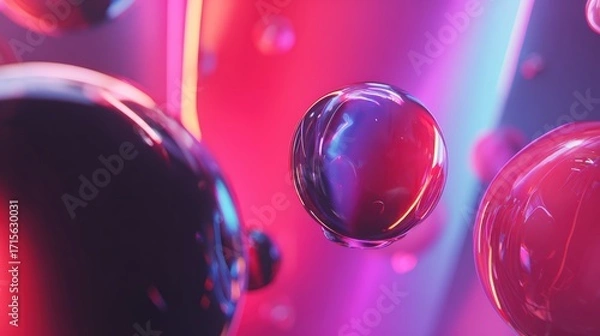 Fototapeta Abstract floating spheres shimmer with vibrant neon colors and smooth reflections creating an intriguing visual for backgrounds and designs.