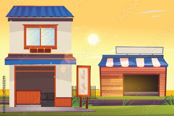 Obraz Illustration of a coffee shop with a view of rice fields