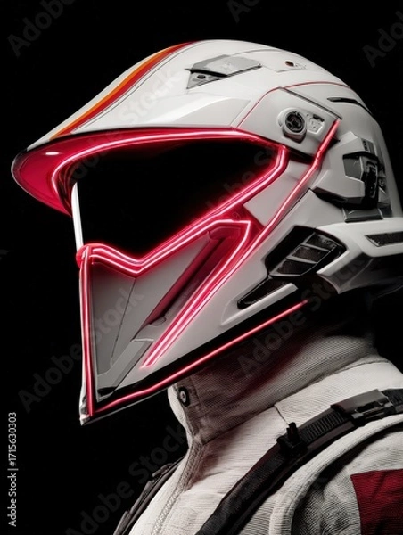 Fototapeta Futuristic astronaut helmet with vibrant red neon visor illuminates the face against a dark background creating a striking and modern aesthetic.