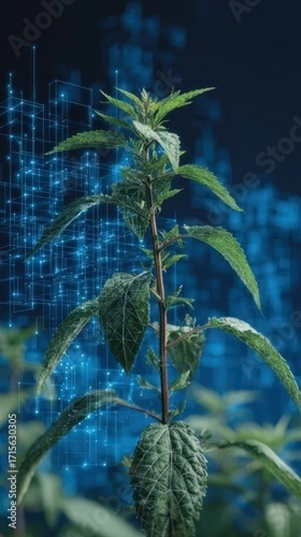 Fototapeta A green plant grows as digital blue lines and squares form an abstract network representing connection and technological innovation clearly.