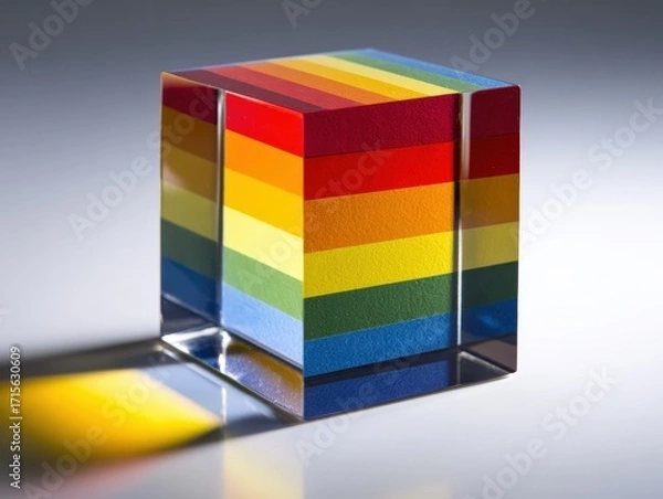 Fototapeta A rainbow colored cube with horizontal stripes resting on a reflective surface casts a colorful shadow in a studio environment setting.