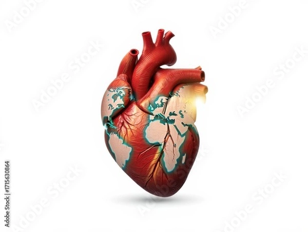Fototapeta Human heart with world map and glowing connections on isolated background